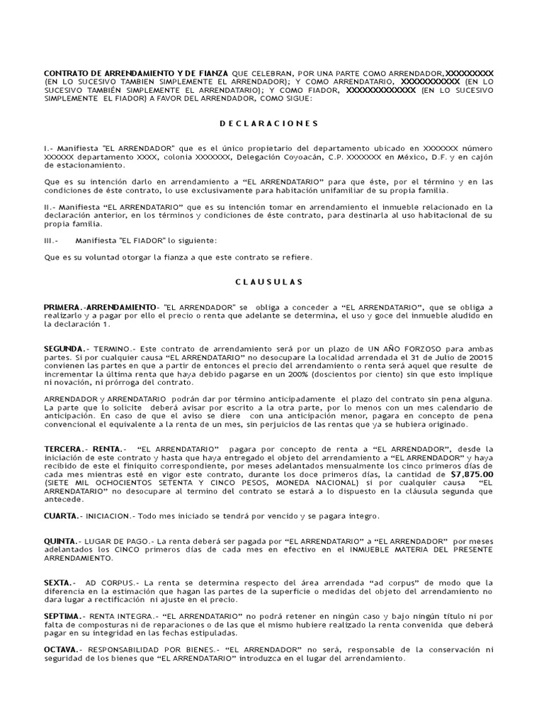 Contrato de Arrendamiento COMPLETO DF Alquiler Pagos