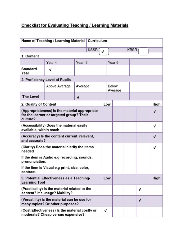 Checklist For Evaluating Teaching / Learning Materials: KSSR KBSR | PDF