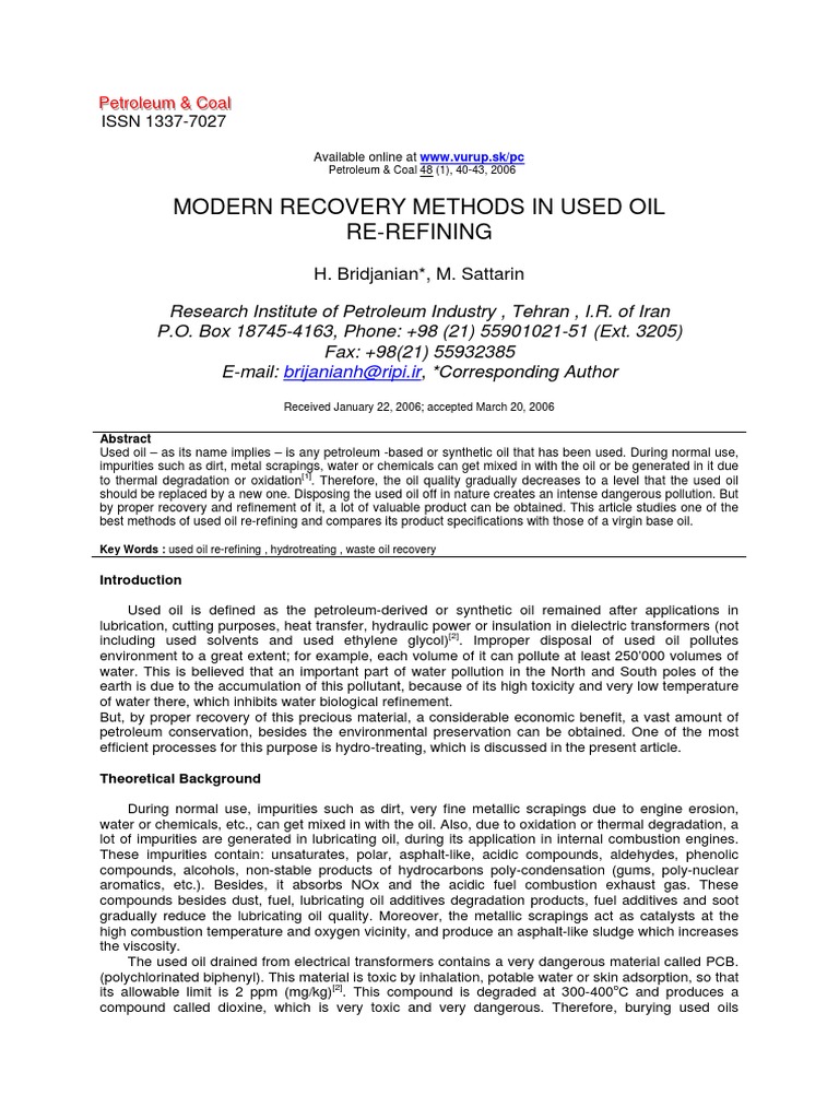 Modern Recovery Methods in Used Oil Re-Refining | PDF | Home & Garden ...