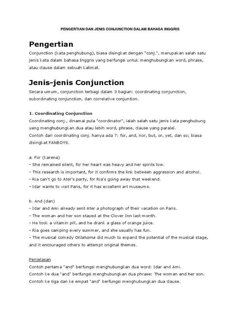 Pengertian Dan Jenis Conjunction Dalam Bahasa Inggris PDF