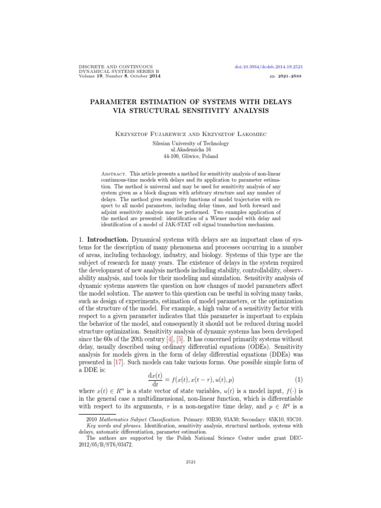 Parameter Estimation in Delay Systems | PDF | Sensitivity Analysis ...