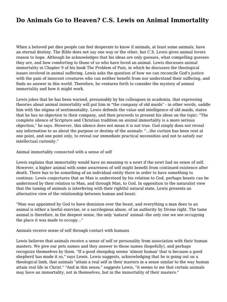 Do Animals Go To Heaven? C.S. Lewis On Animal Immortality PDF Immortality Heaven