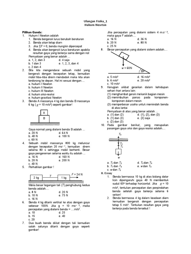 Soal Ulangan Fisika Hukum Newton