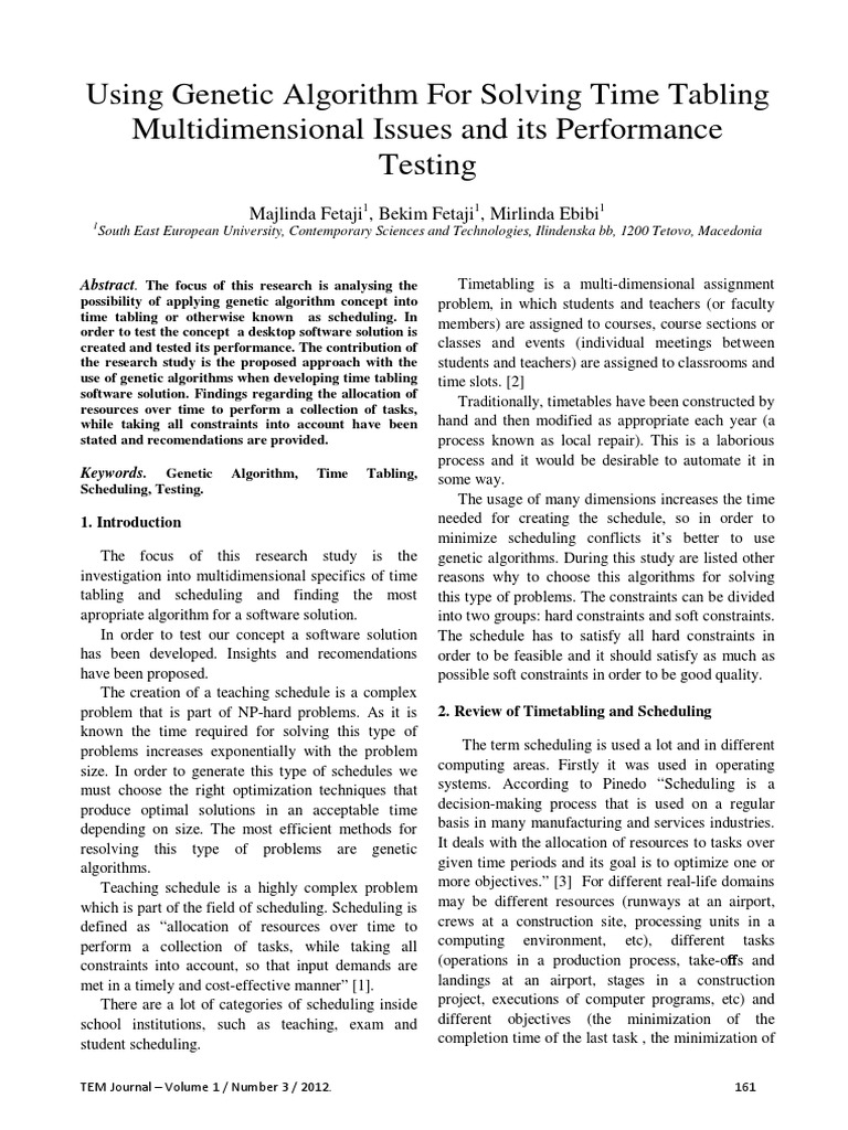 Genetic Algorithm for Timetabling Solutions | PDF | Scheduling ...