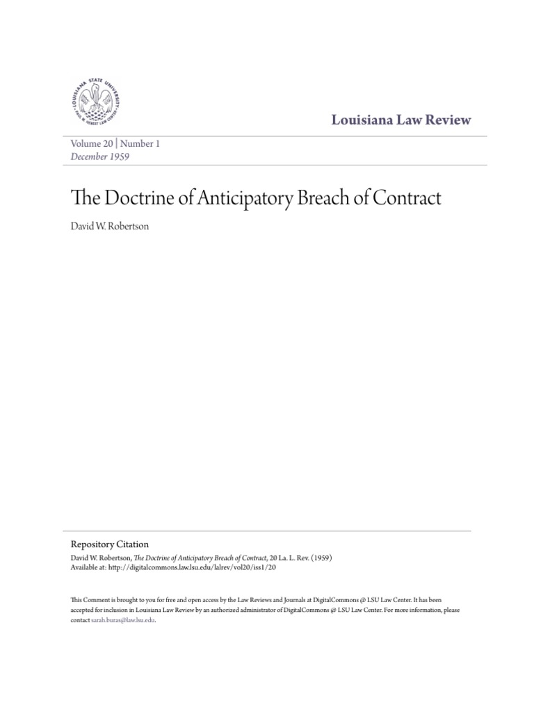 The Doctrine of Anticipatory Breach of Contract PDF Breach Of