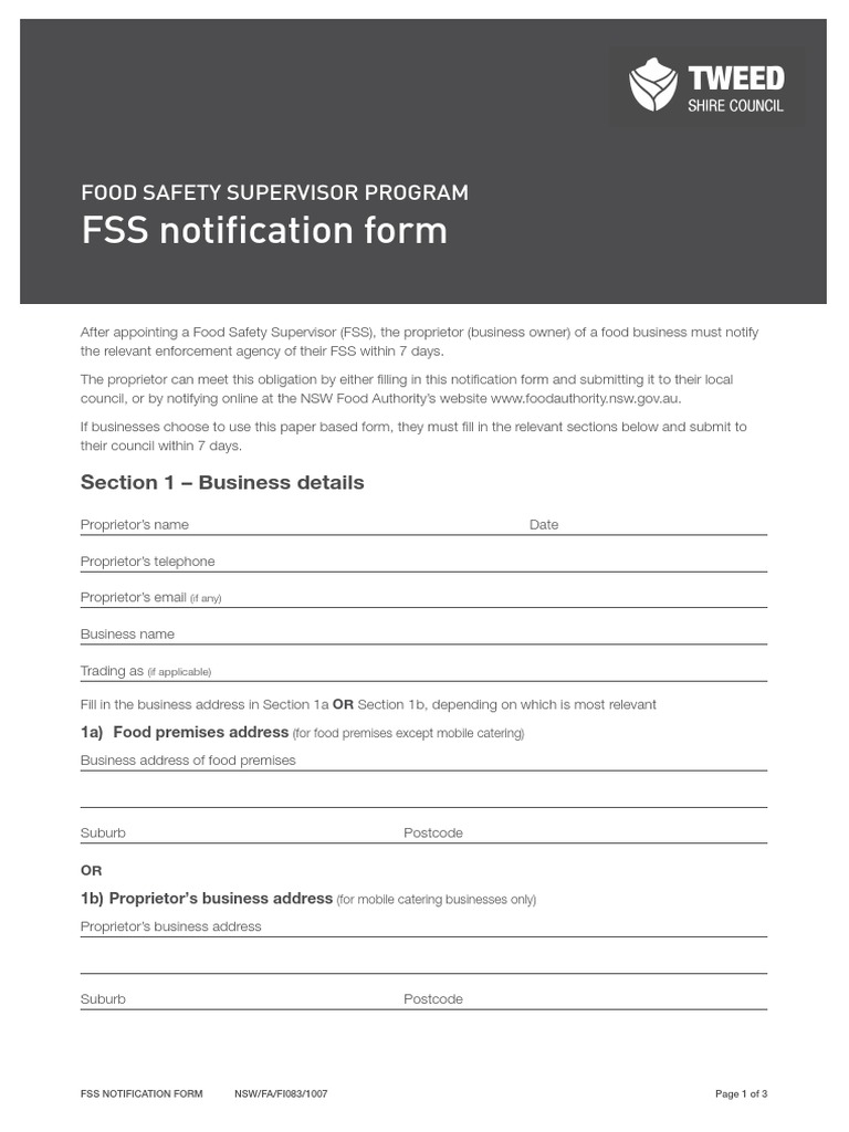 FSS Notification Form for NSW Food Businesses | PDF