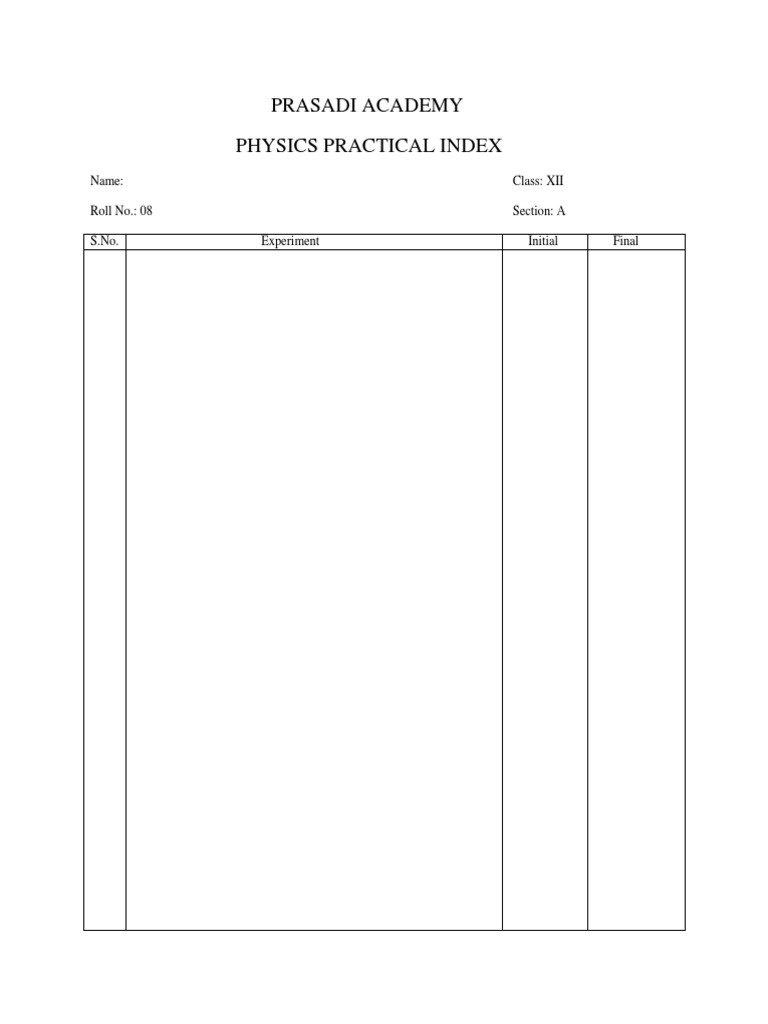Physics Practical Index Page | PDF