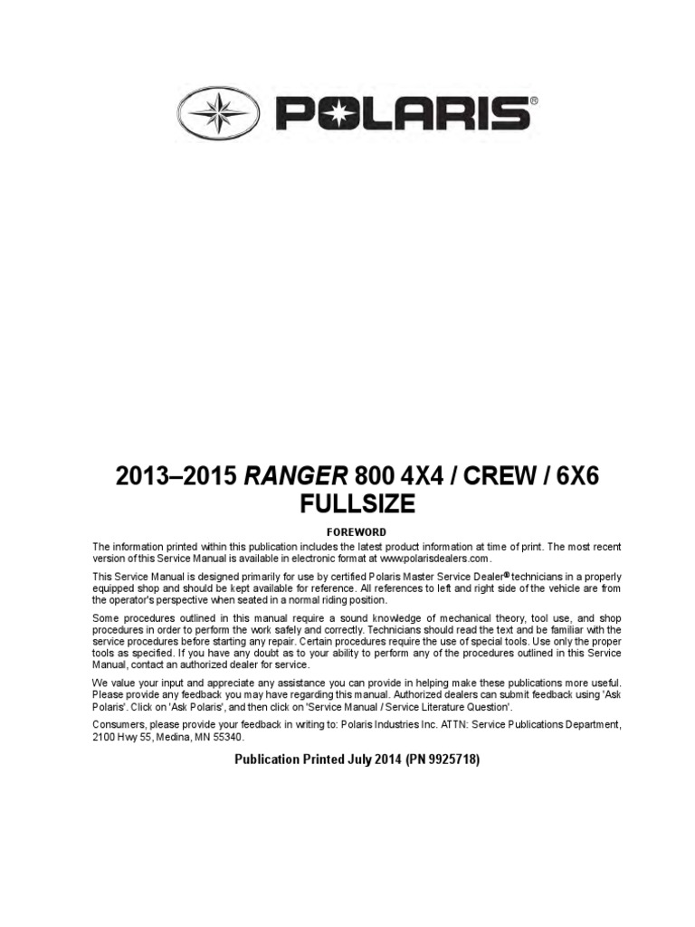 9925718 2014 Polaris Ranger 6X6 Service Manual | Transmission (Mechanics) |  Suspension (Vehicle)