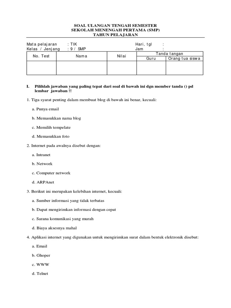 Soal Essay Mid Semester Tik Kelas 9