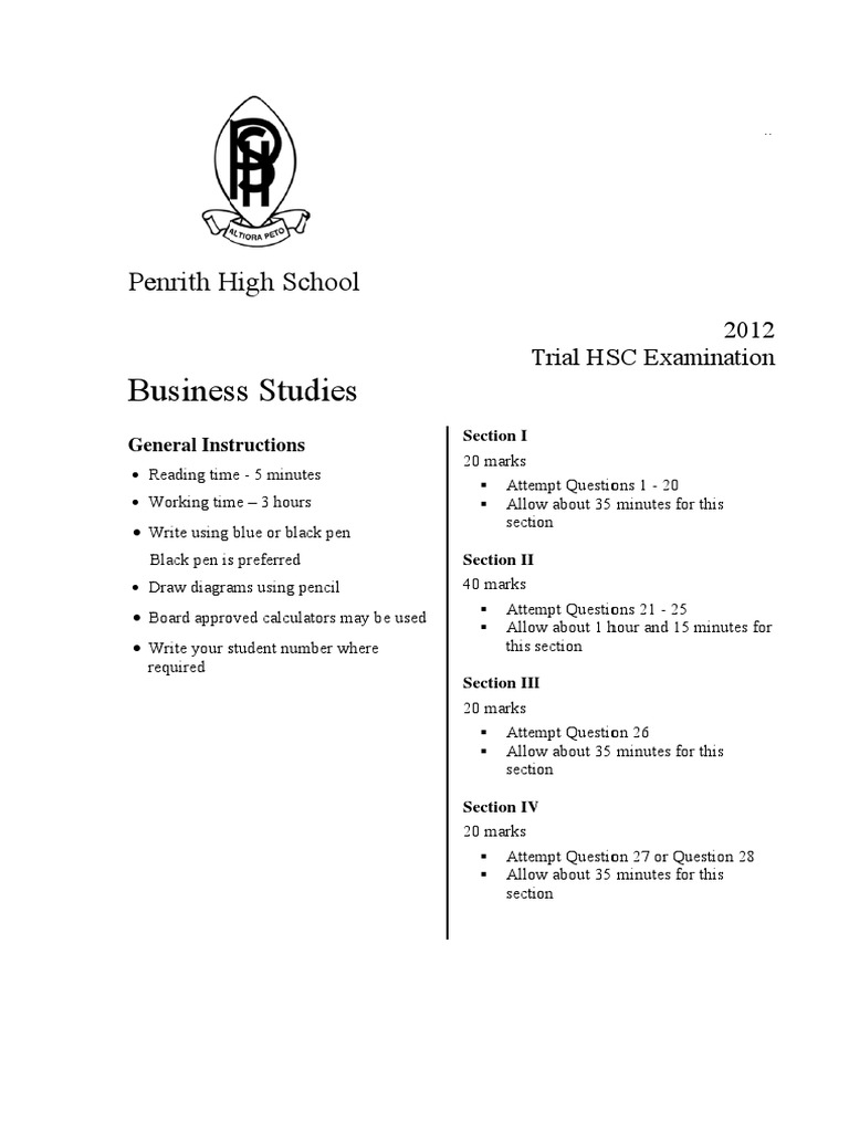 Penrith HSC Business Studies Trial Exam | PDF | Employment | Business ...