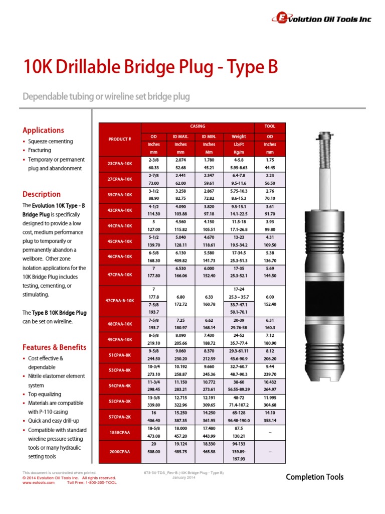 10K Bridge Plug Type B Technical Datasheet PDF Alberta Bridge