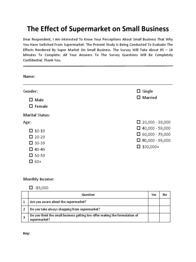 Supermarket Questionnaire Supermarket Small Business