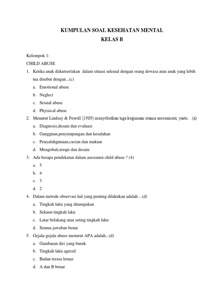 Kumpulan Soal Kesehatan Mental Kelas B PDF