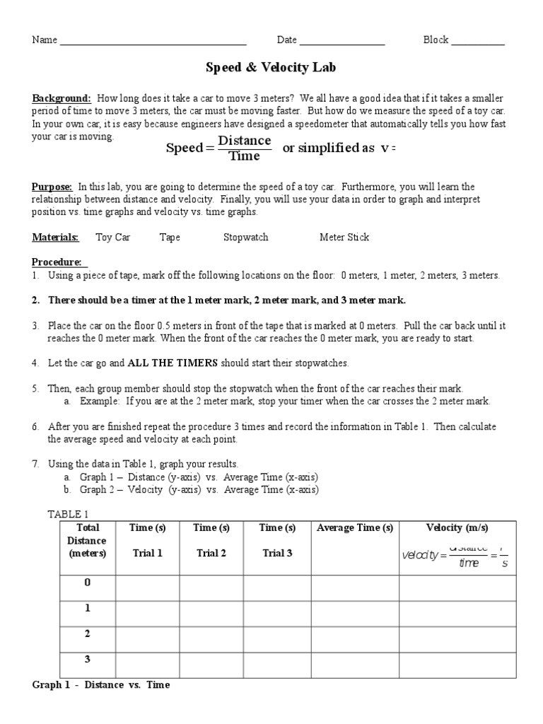 Toy Car Lab 2 Velocity Speed