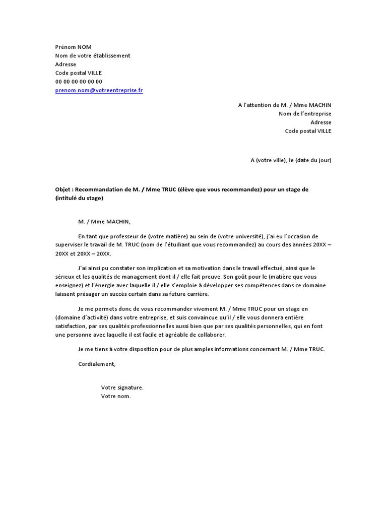 2 lettres de recommandation de professeurs