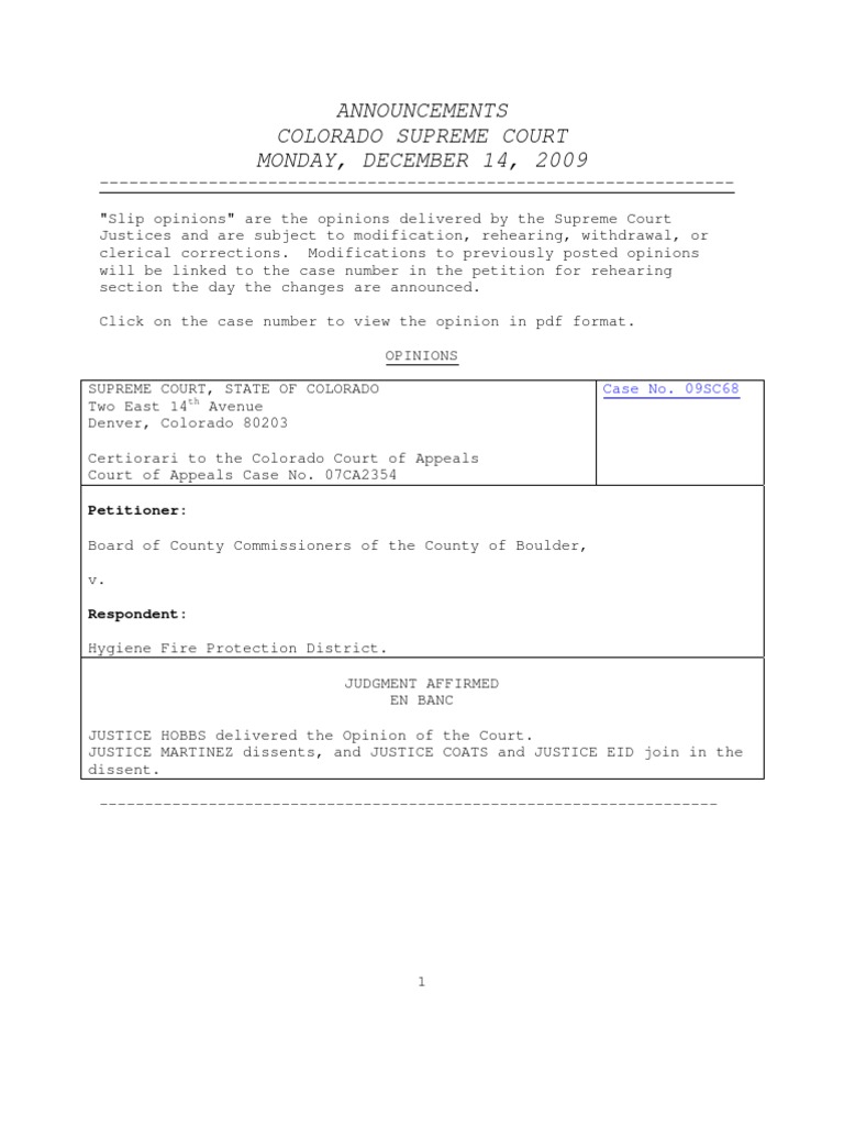 Colorado Supreme Court Announcements | PDF | Certiorari | United States ...