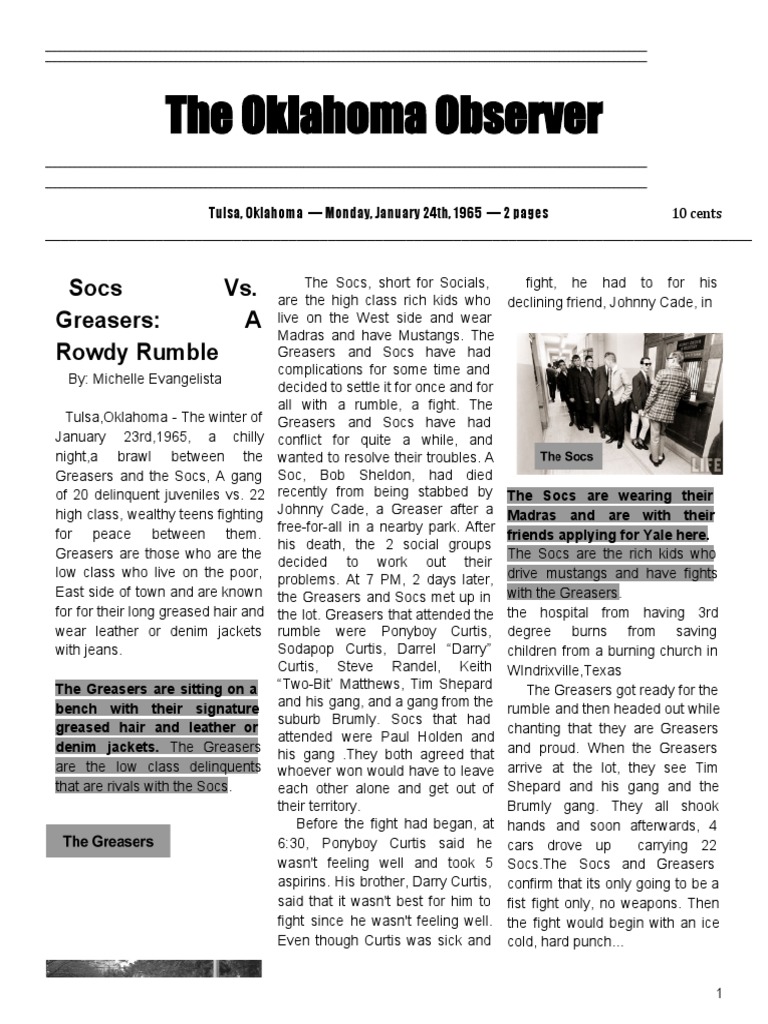 The Oklahoma Observer Socs vs. Greasers A Rowdy Rumble PDF