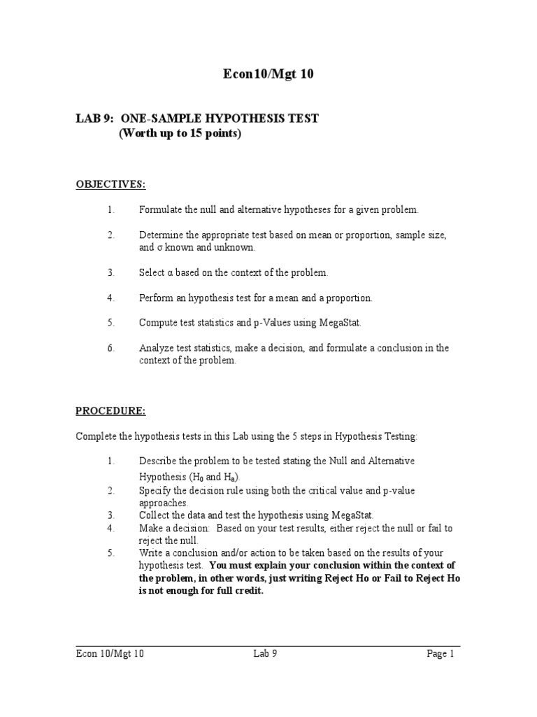 One-Sample Hypothesis Testing Lab Guide | PDF | Null Hypothesis ...