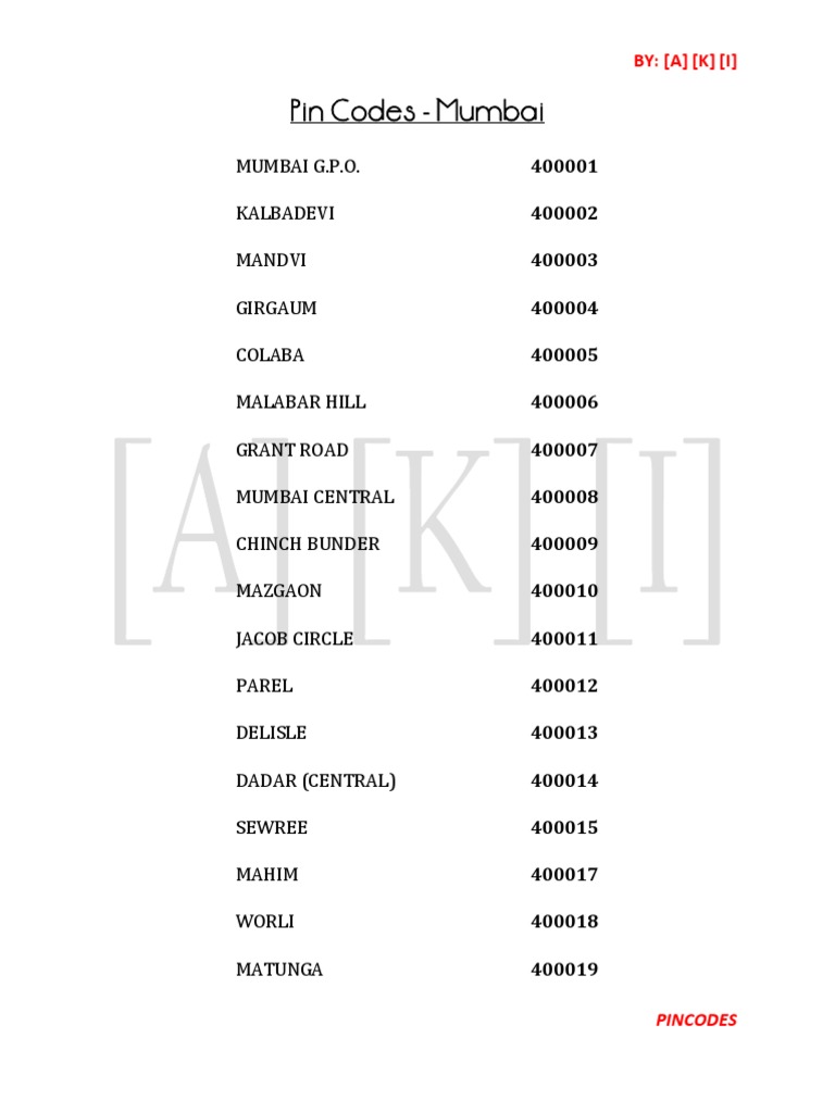 Pin Codes - Mumbai | PDF | Mumbai