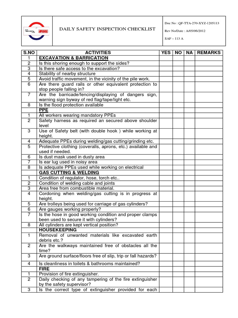 Daily Safety Inspection Checklist | PDF | Personal Protective Equipment ...
