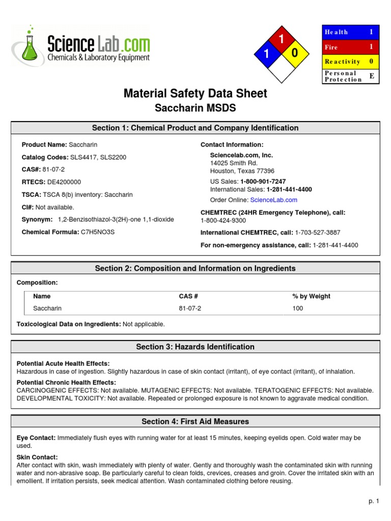 saccharin msds Toxicity Biodegradation
