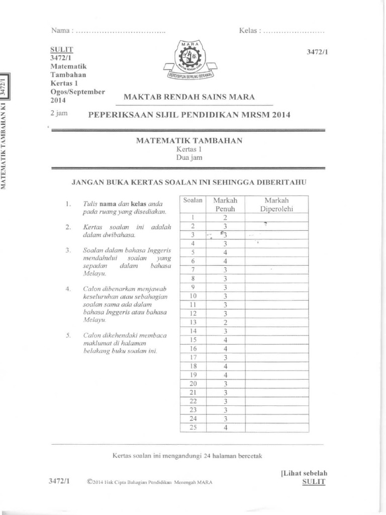 Soalan Add Math Mrsm - Contoh Ter