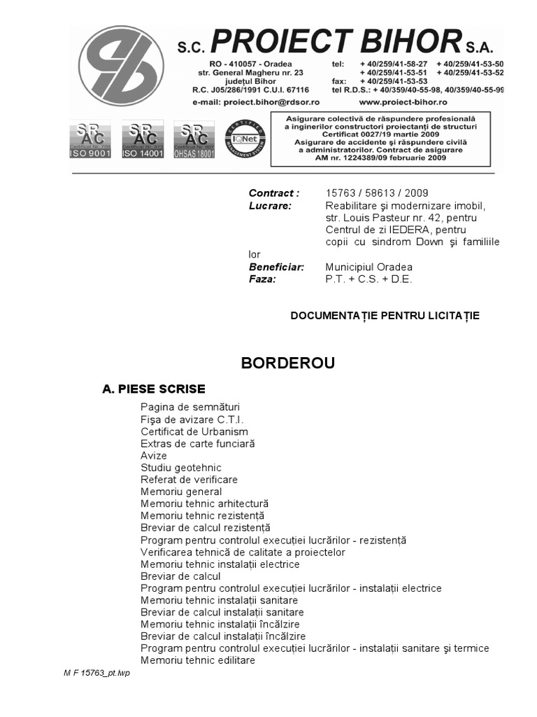 Proiect Tehnic Borderou Memorii | PDF