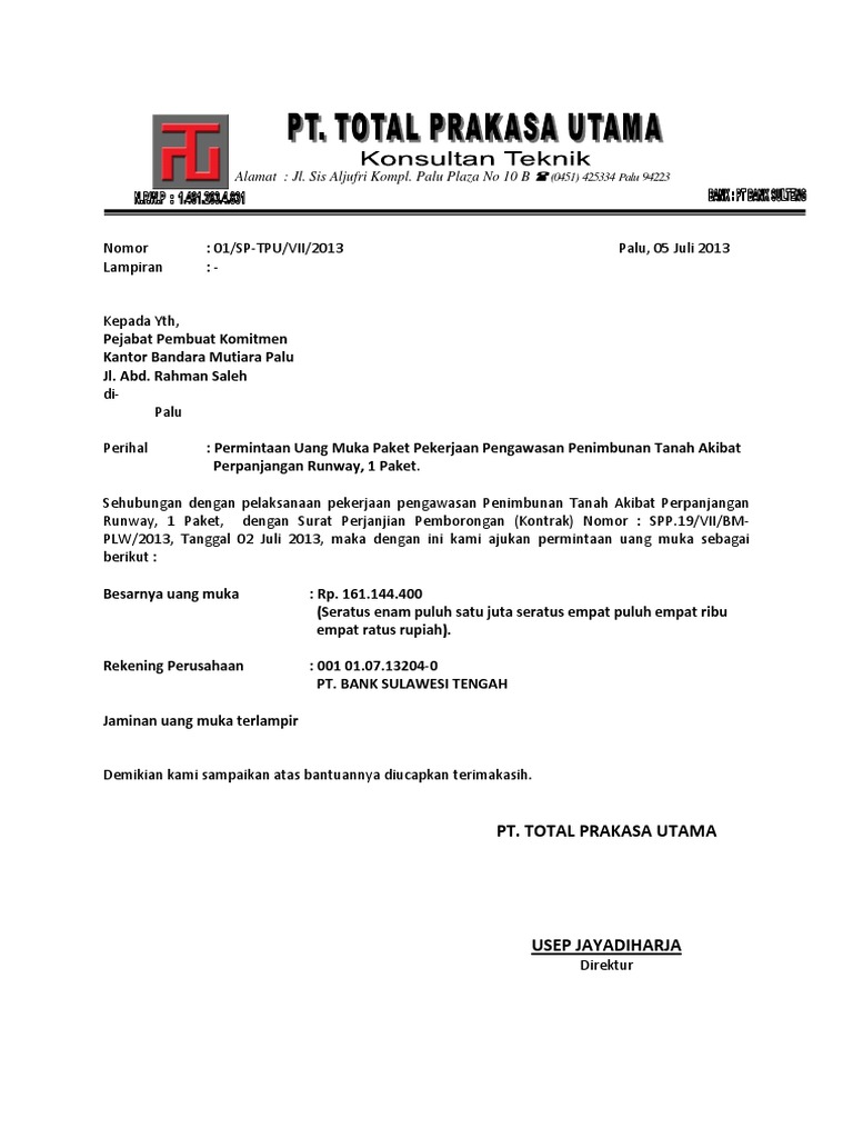 Contoh Surat Permohonan Pembayaran Uang Muka