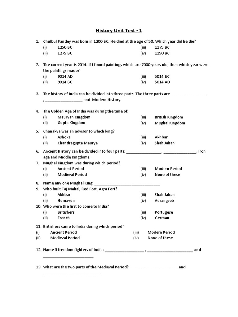 History Unit Test - 1 | PDF