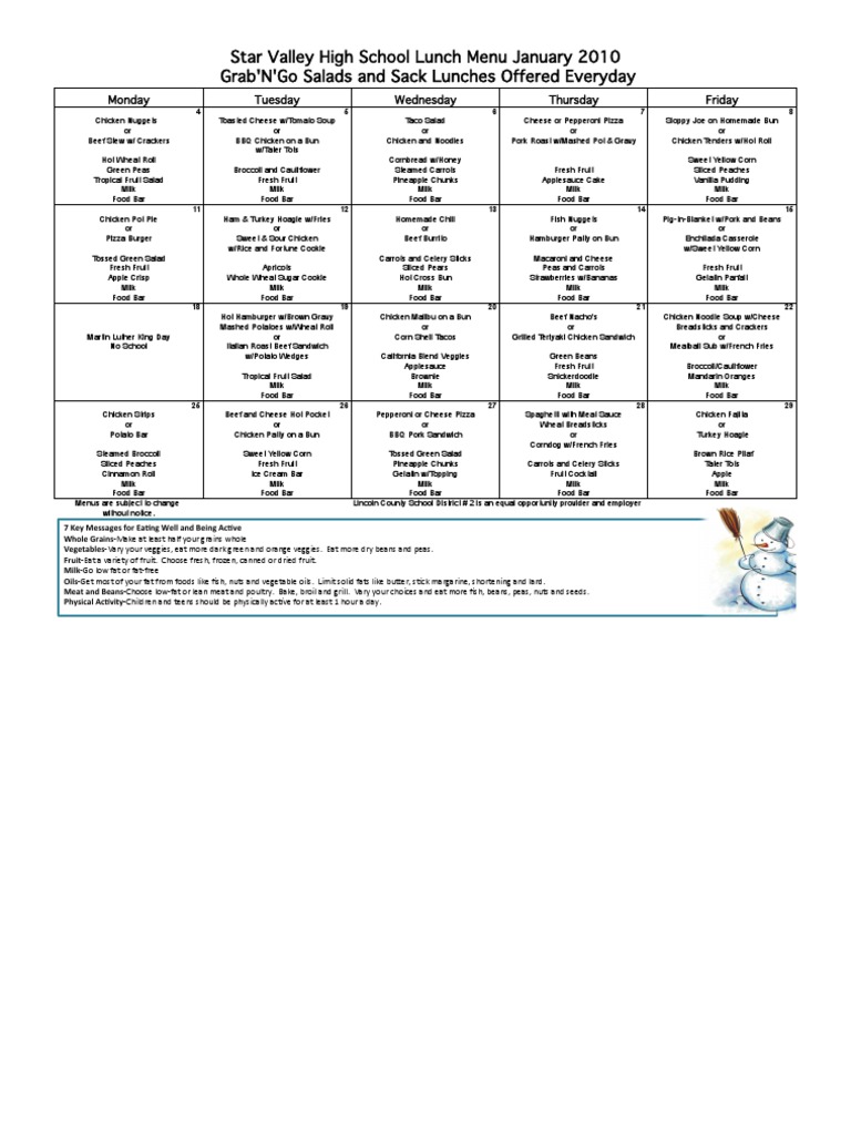 SVHS January 2010 Lunch Menu | PDF | Cooking, Food & Wine