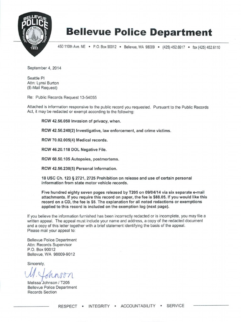 Bellevue Police Department Case No. 1354055 PDF Confidentiality
