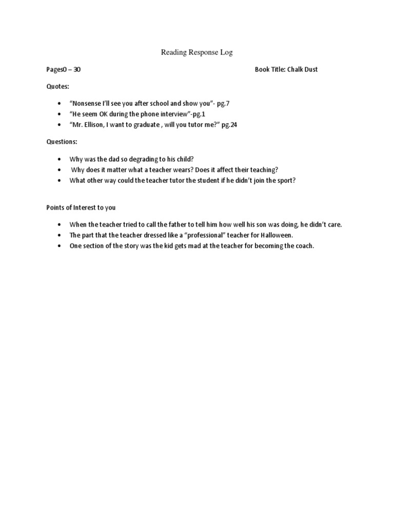 Chalk Dust Reading Response Log | PDF