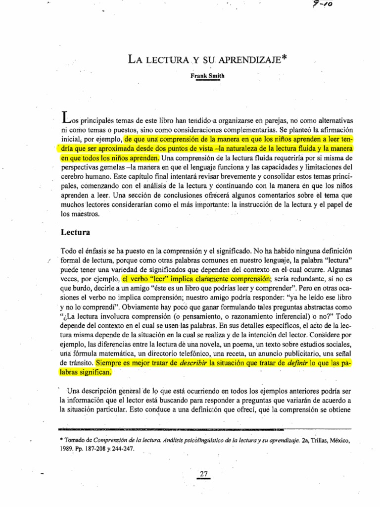 Frank Smith La Lectura y Su Aprendizaje Reading