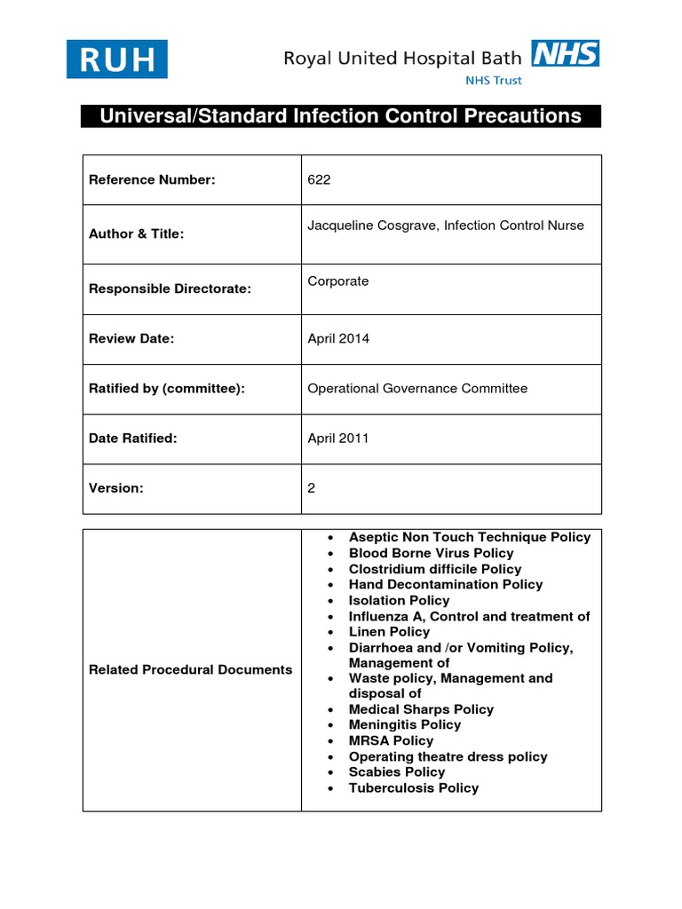 Universal Standard Infection Control Policy PDF Infection Control