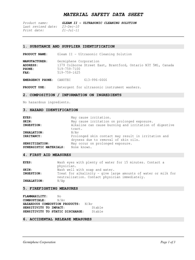 Gleam II Ultrasonic Cleaning Solution PDF Safety Materials