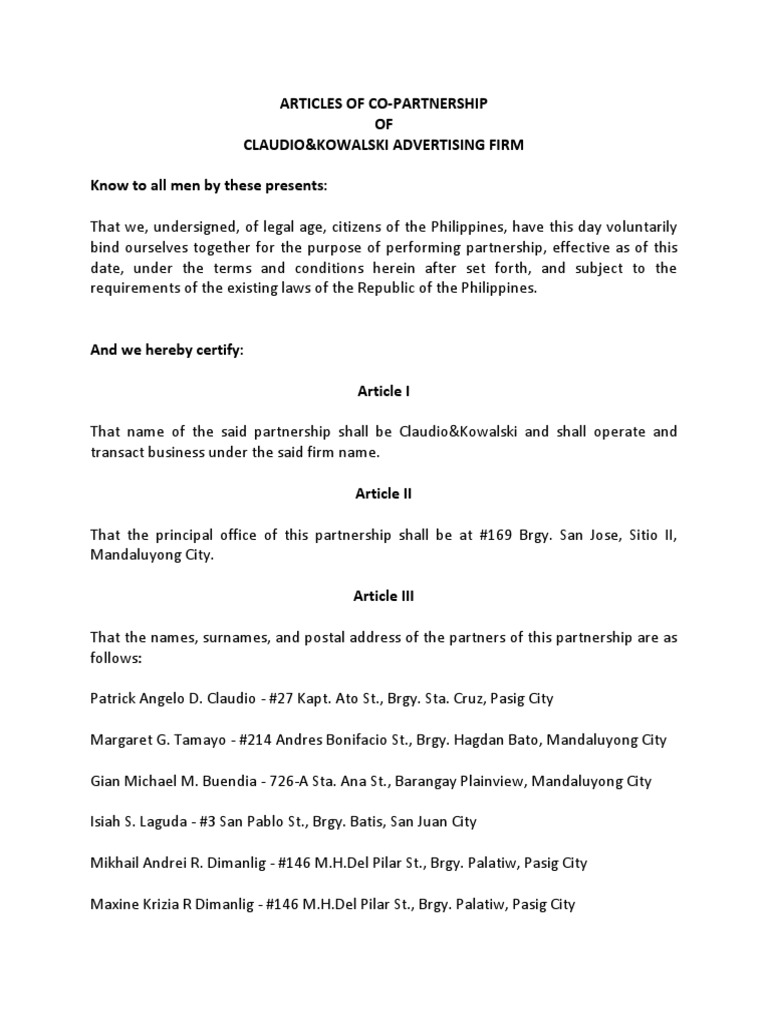 Articles of Copartnership Common Law Justice