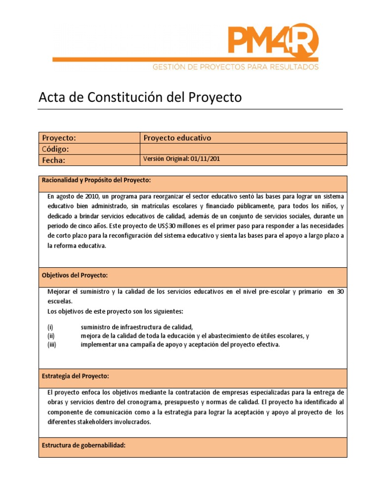 Acta de Constitucion Del Proyecto Ejemplo 2 | Jardín de infancia ...