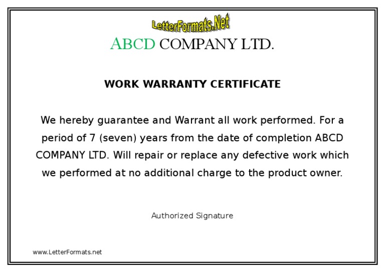 Warranty Certificate Format PDF