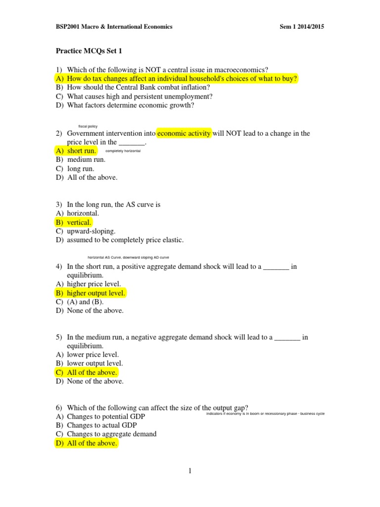 Practice MCQ Set 1 PDF Macroeconomics Aggregate Demand
