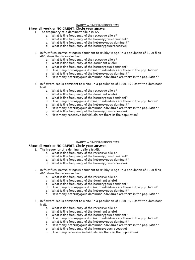 Hardy-Weinberg Practice Problems | PDF | Zygosity | Dominance (Genetics)