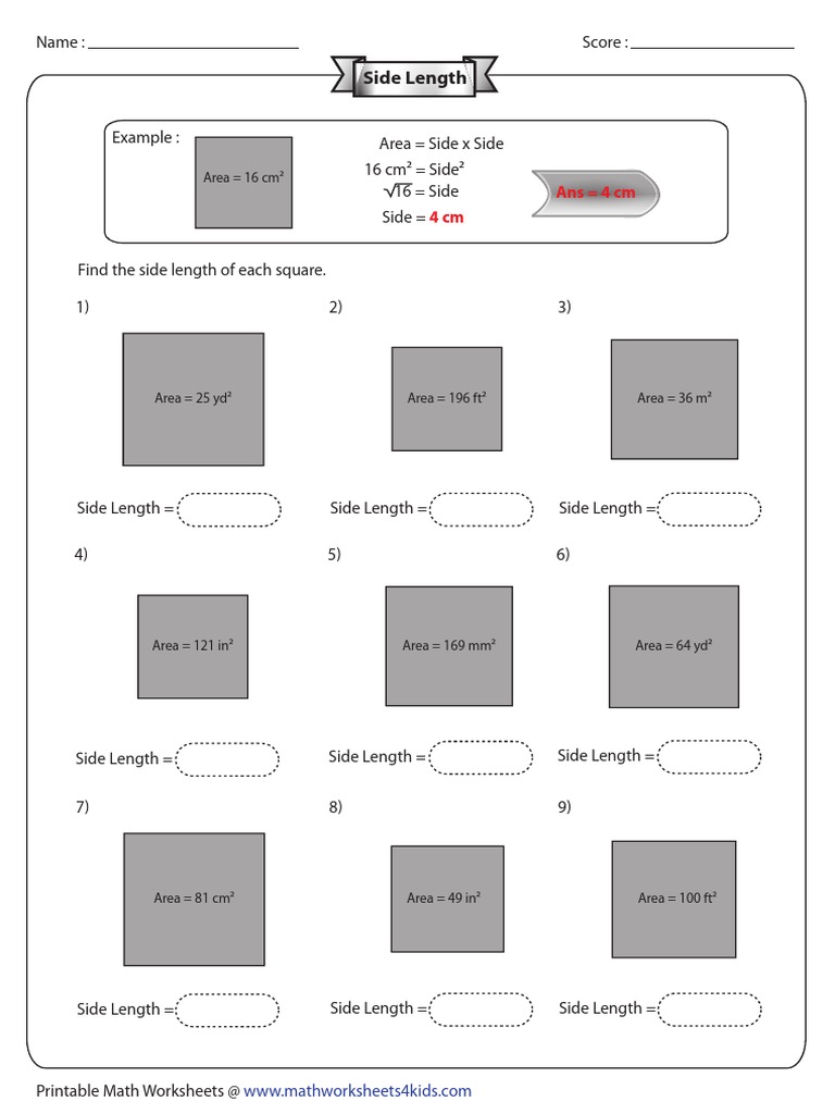 Square Area Calculation Worksheet | PDF