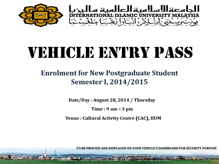 Vehicle Entry Pass Enrolment For New Postgraduate Student Semester I