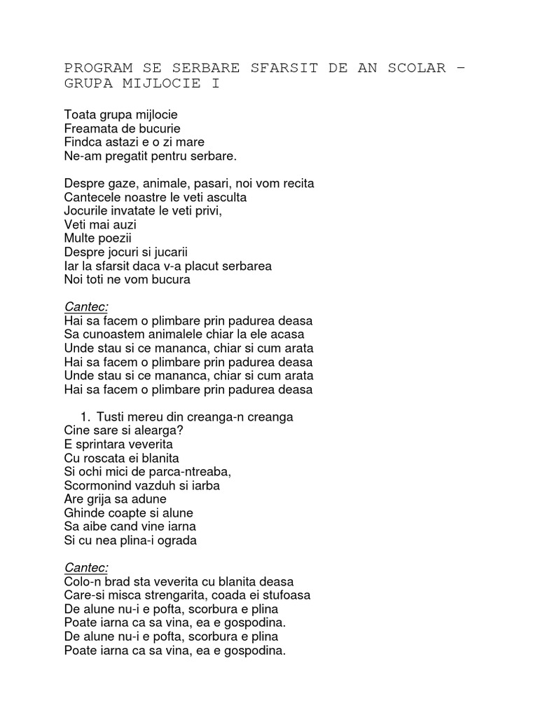 Program Se Serbare Sfarsit De An Scolar Grupa Mijlocie I