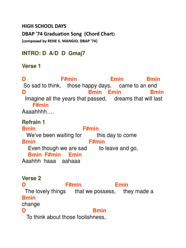 High School Days (DBAP74 Graduation Song) Chord Chart PDF