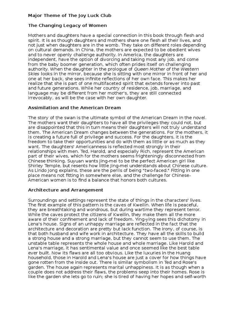 Major Theme of The Joy Luck Club PDF Cultural Anthropology
