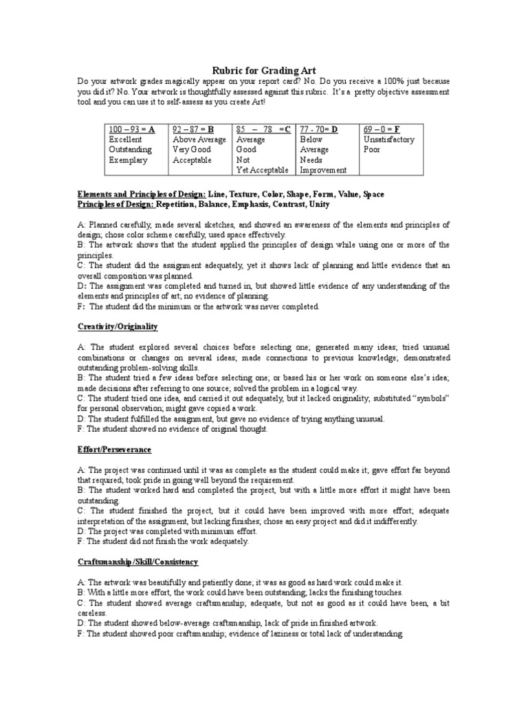 Art Grading Rubric Explained | PDF | Rubric (Academic) | Educational ...