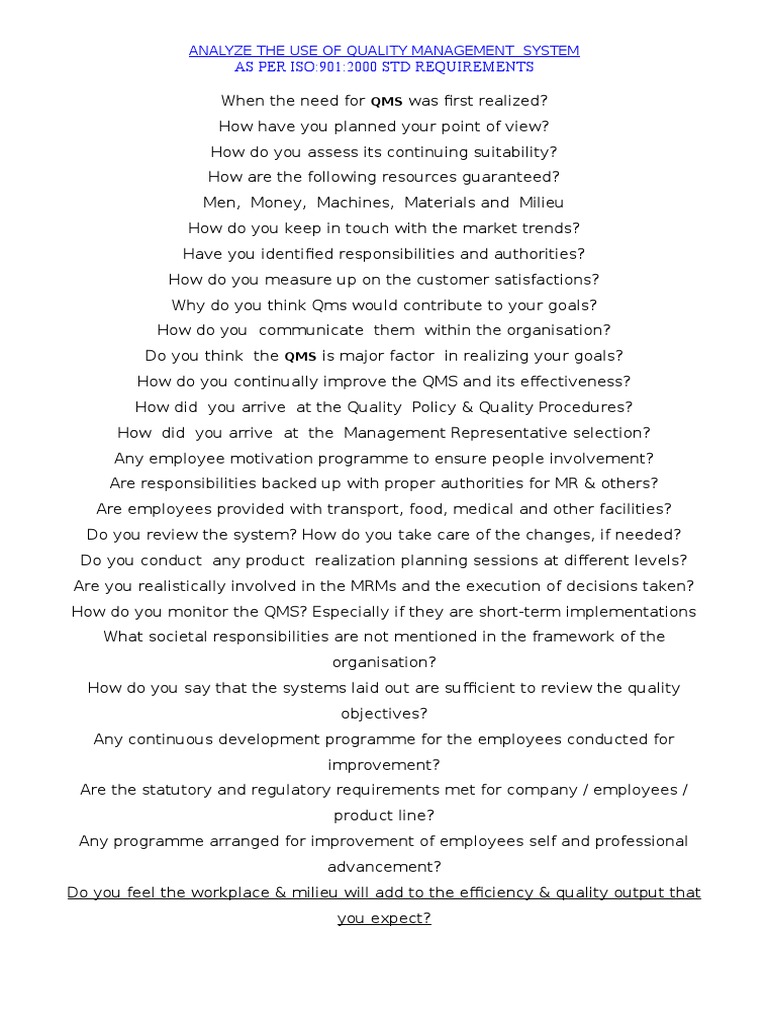 Quality Management System Analysis Guide | PDF