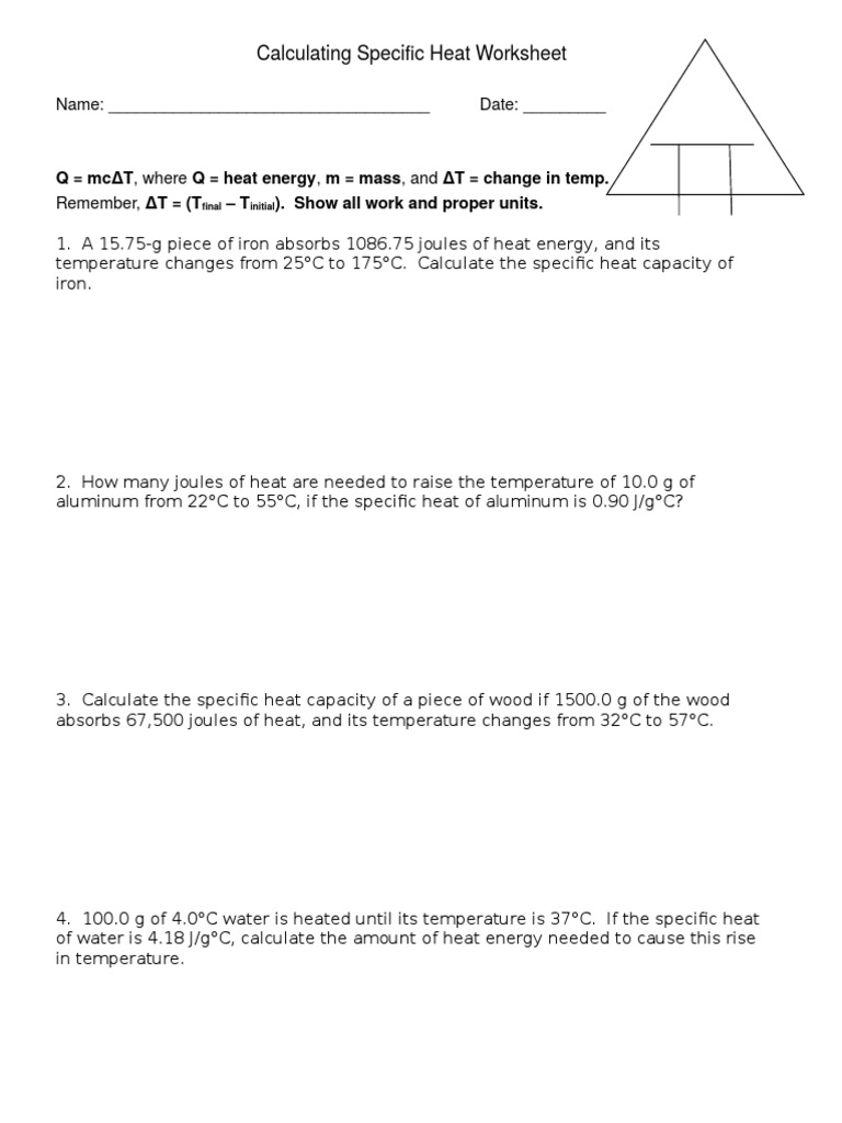 Calculating Specific Heat Worksheet Heat Capacity Heat