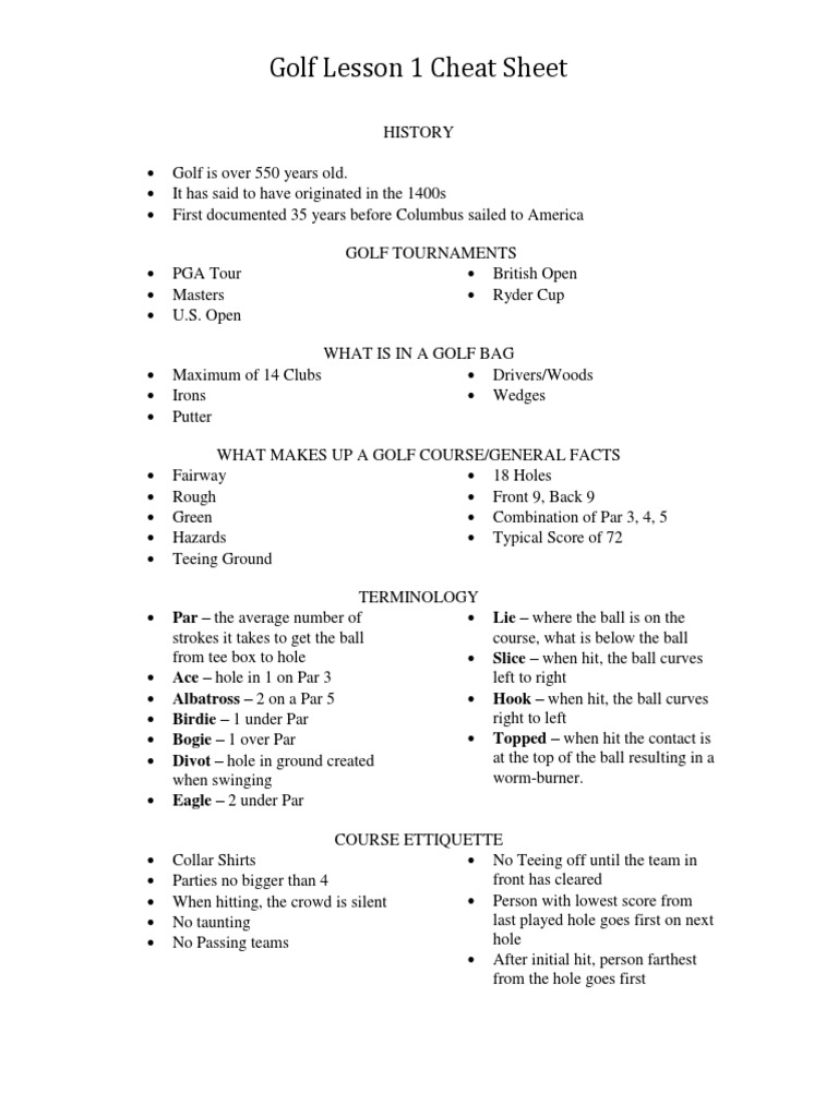 Golf Basics Cheat Sheet for Beginners | PDF