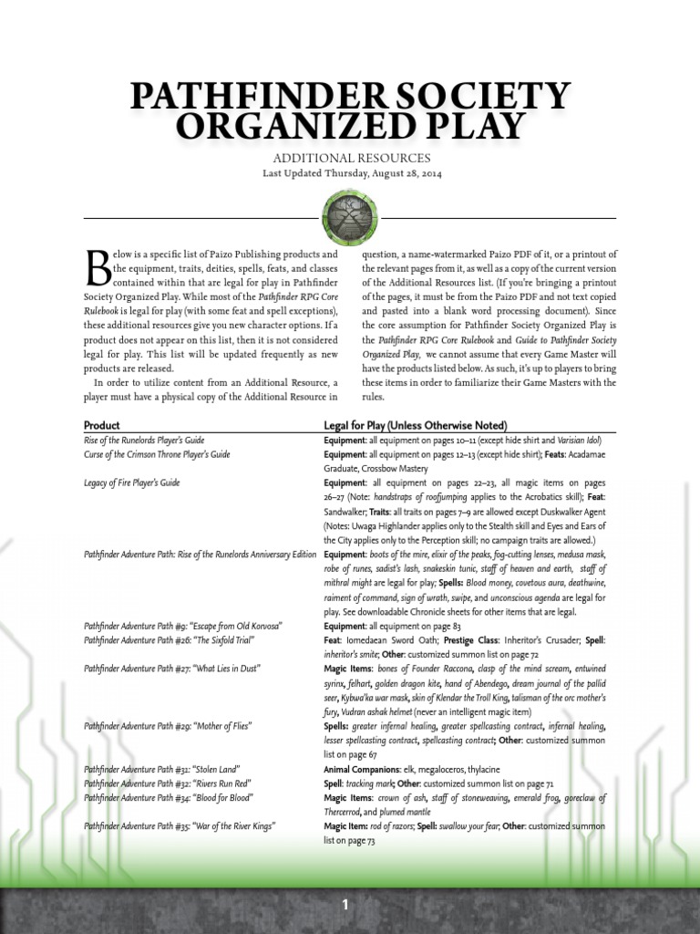 Pfsadditionalresources 20140828 Pdf Fantasy Role Playing Games D20 System